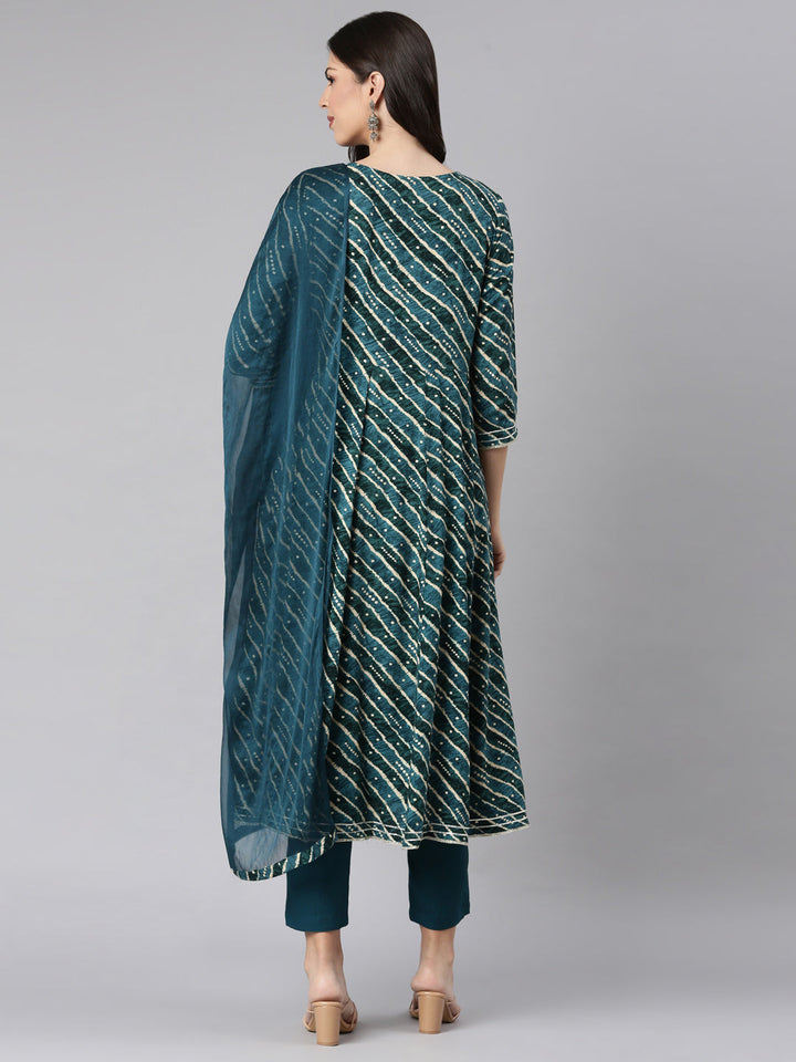 Neerus Green Printed Anarkali Kurta and Trousers With Dupatta
