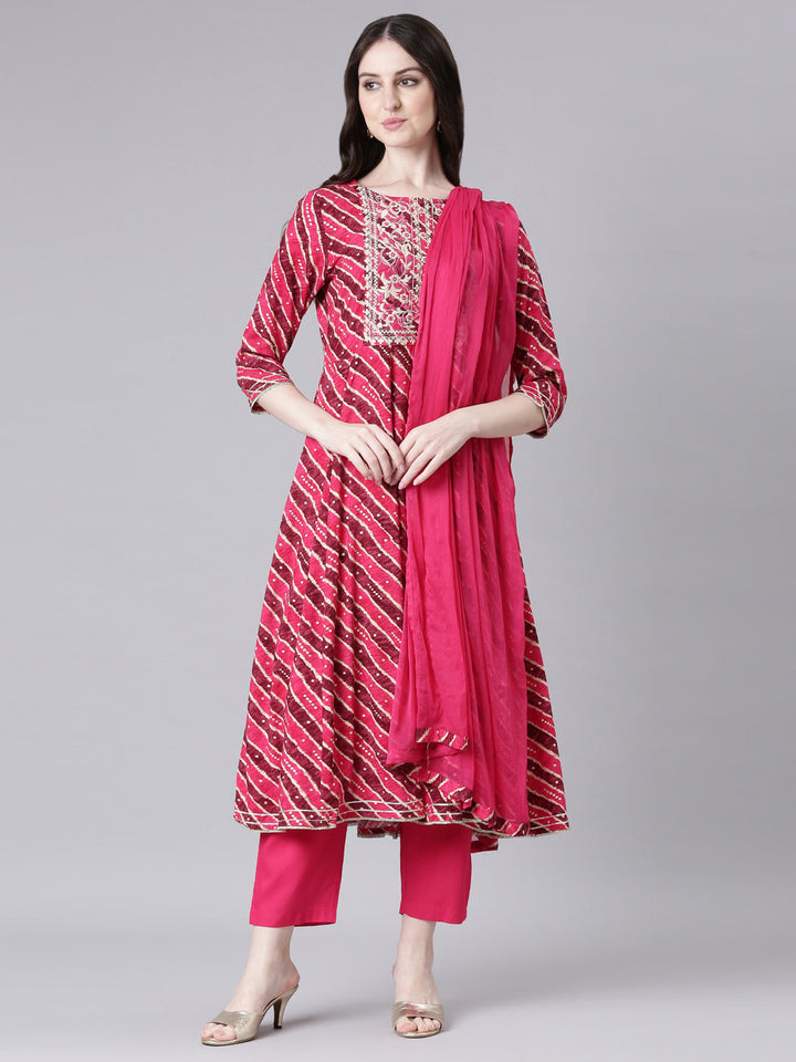 Neerus Pink Viscose Rayon Printed Anarkali Suit Set - front view