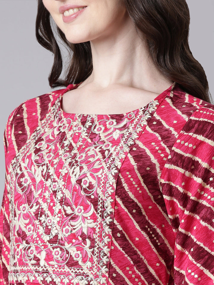 Neerus Pink Viscose Rayon Printed Anarkali Suit Set - back view