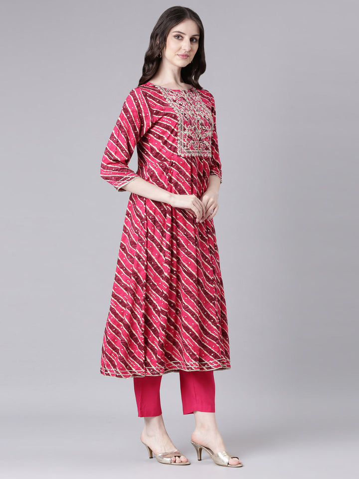 Neerus Pink Viscose Rayon Printed Anarkali Suit Set - detail view 1