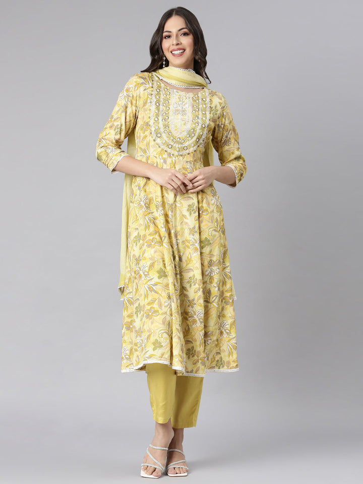 Neerus Yellow Printed Anarkali Kurta and Trousers With Dupatta