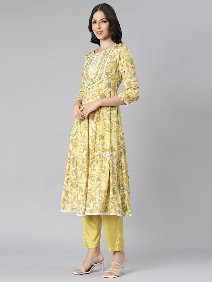 Neerus Yellow Printed Anarkali Kurta and Trousers With Dupatta