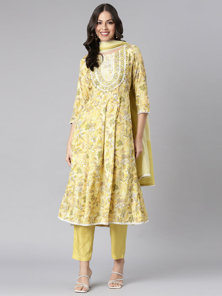 Neerus Yellow Printed Anarkali Kurta and Trousers With Dupatta