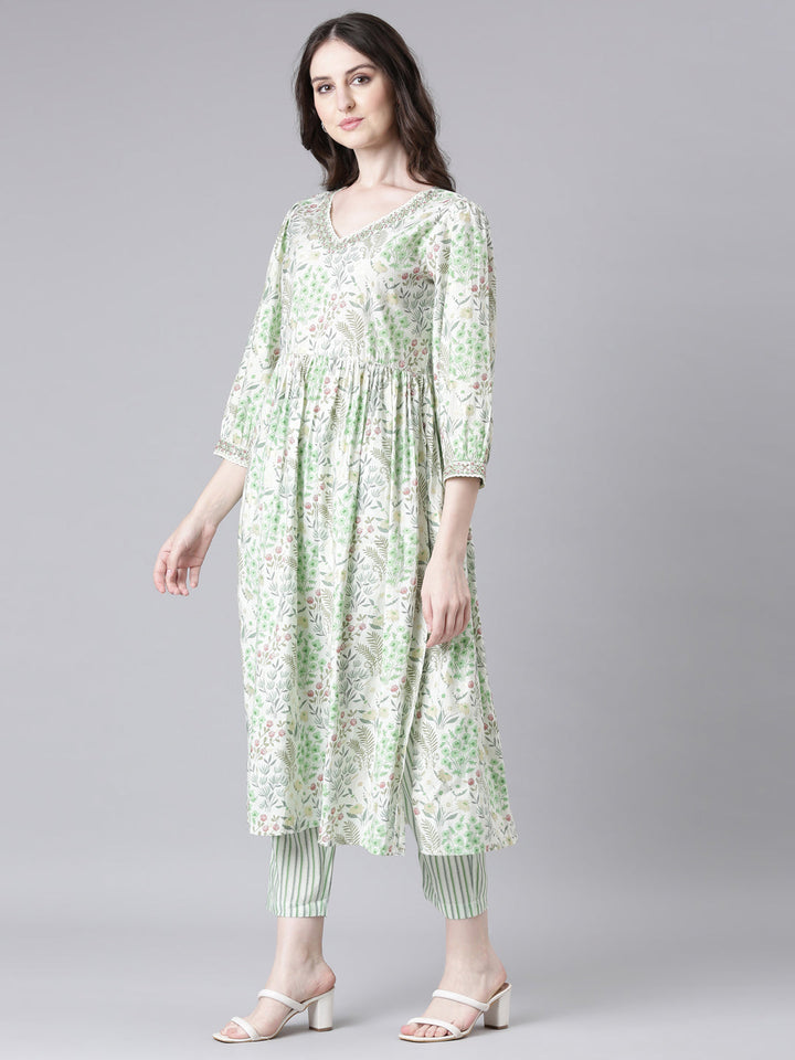Neerus Lime Green Printed Straight Kurta and Trousers With Dupatta