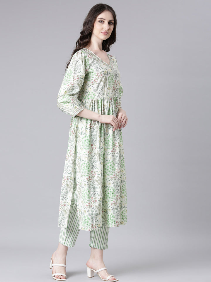 Neerus Lime Green Printed Straight Kurta and Trousers With Dupatta