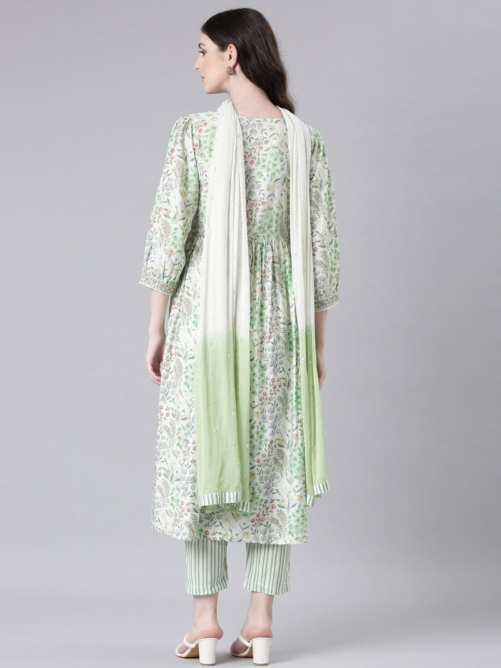 Neerus Lime Green Printed Straight Kurta and Trousers With Dupatta