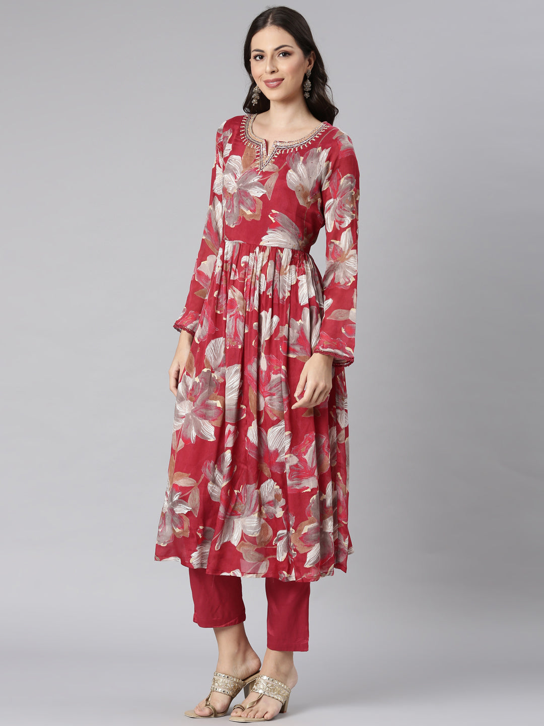 Neerus Pink cotton printed anarkali suit set - back view