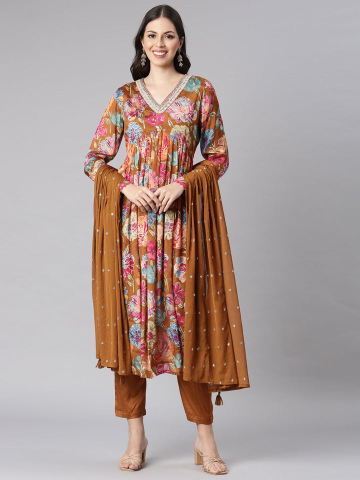 Neerus Gold Printed Straight Kurta and Trousers With Dupatta