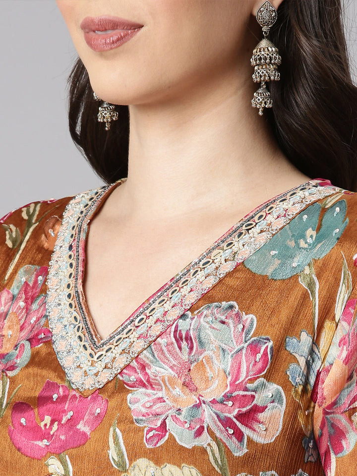 Neerus Gold Printed Straight Kurta and Trousers With Dupatta
