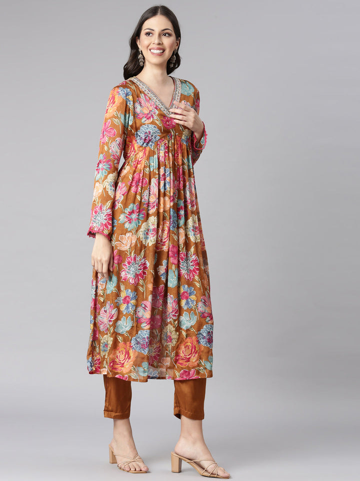 Neerus Gold Printed Straight Kurta and Trousers With Dupatta