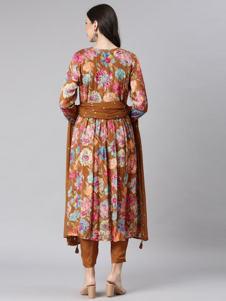 Neerus Gold Printed Straight Kurta and Trousers With Dupatta