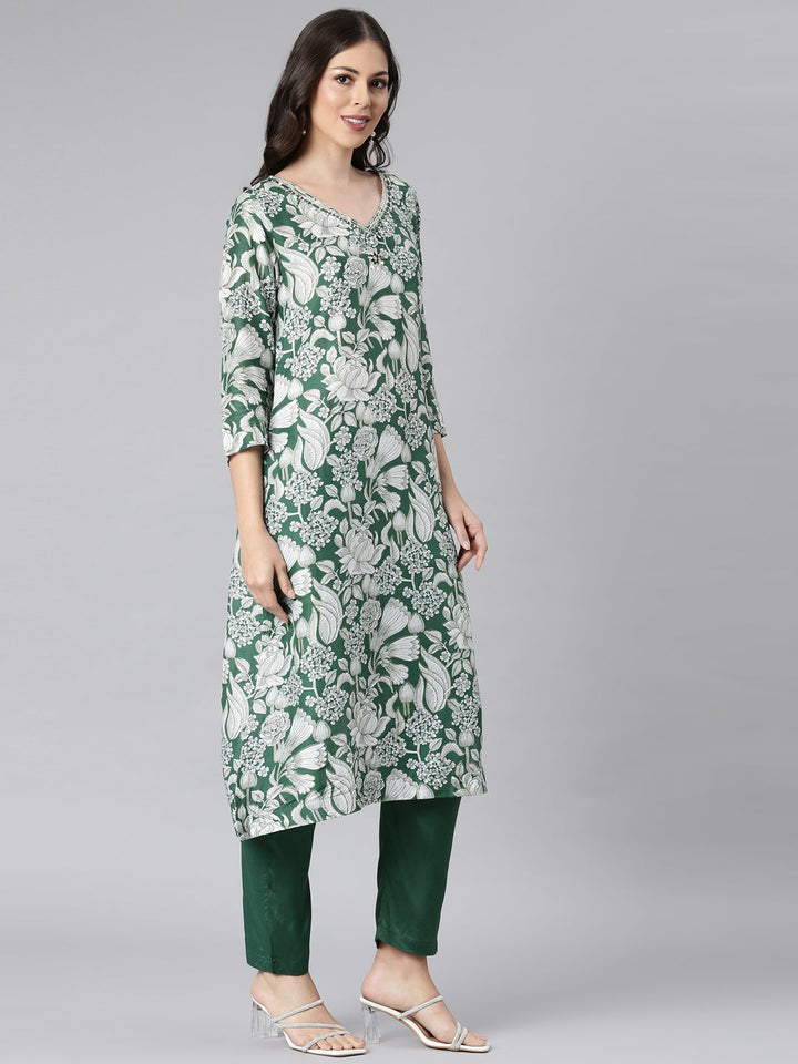 Neerus Green Printed Straight Kurta and Trousers With Dupatta