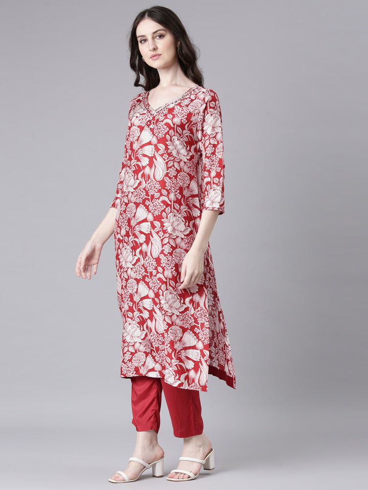 Neerus Maroon Printed Straight Kurta and Trousers With Dupatta