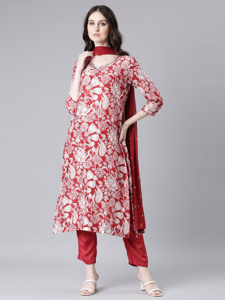 Neerus Maroon Printed Straight Kurta and Trousers With Dupatta