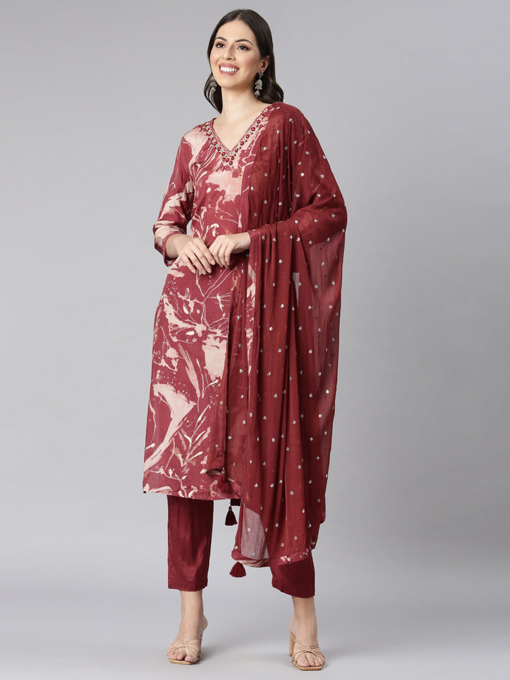 Neerus Red Printed Straight Kurta and Trousers With Dupatta