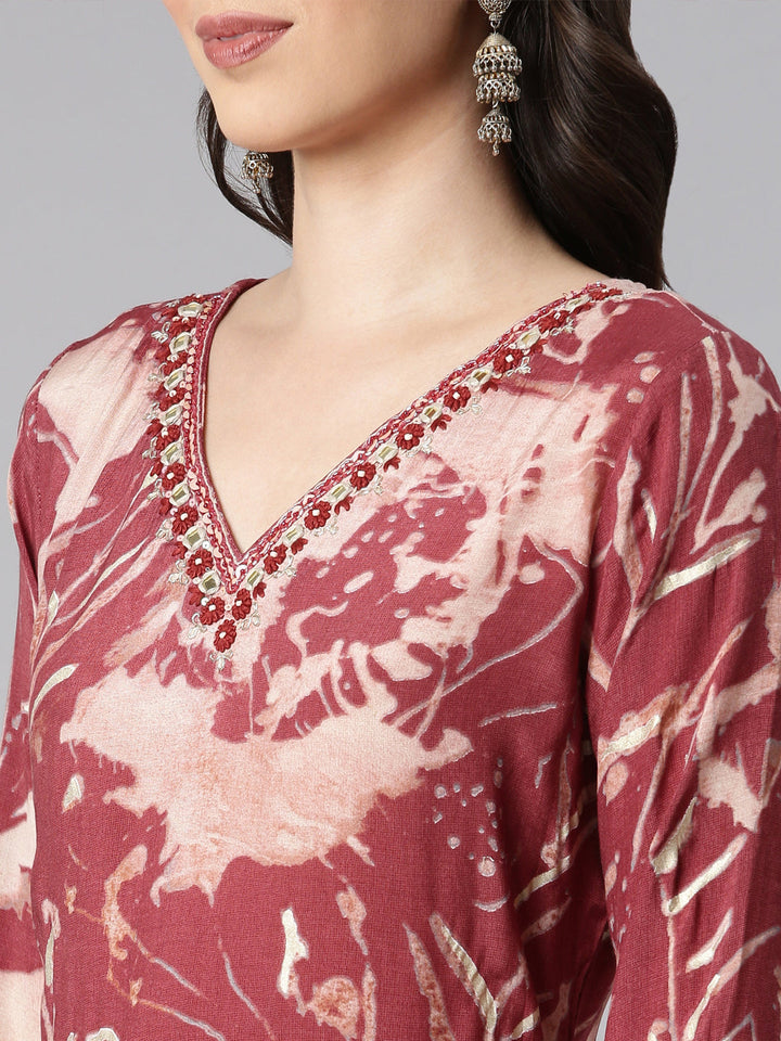 Neerus Red Printed Straight Kurta and Trousers With Dupatta
