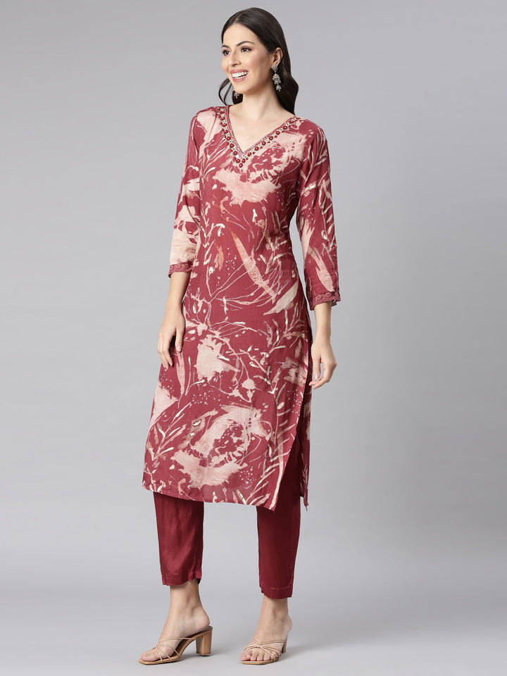 Neerus Red Printed Straight Kurta and Trousers With Dupatta