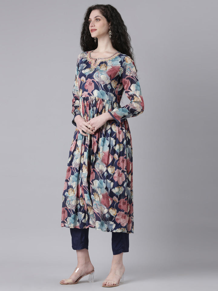 Neerus Navy Blue Printed Anarkali Kurta and Trousers With Dupatta