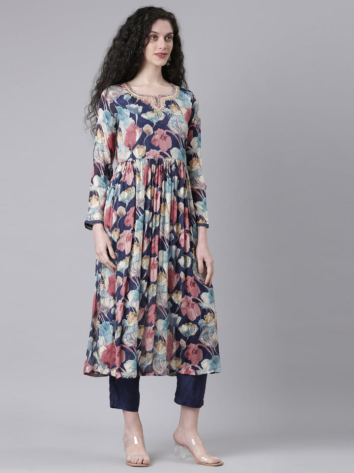 Neerus Navy Blue Printed Anarkali Kurta and Trousers With Dupatta