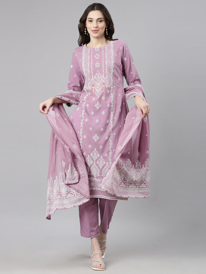 Neerus Purple cotton printed suit set - front view