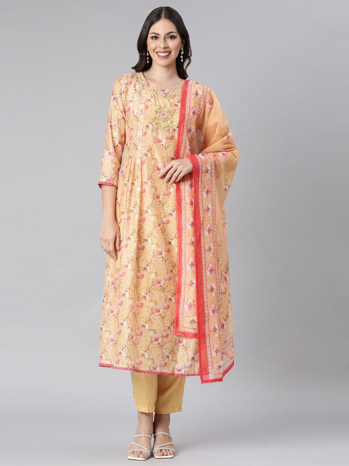 Neerus Yellow silk printed anarkali suit set - front view
