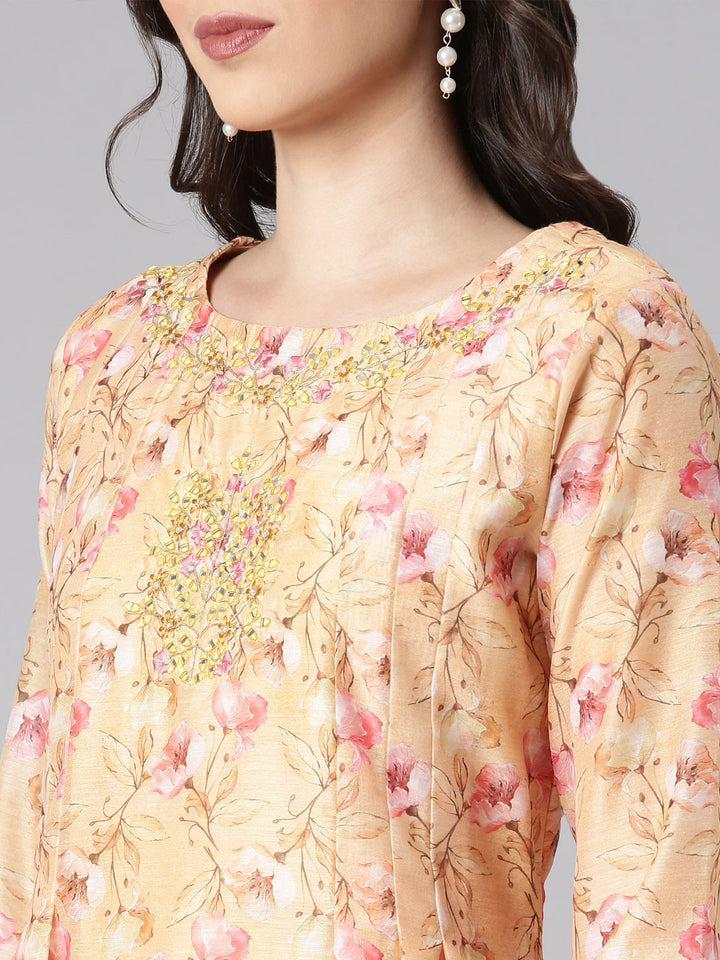Neerus Yellow silk printed anarkali suit set - detail view 1