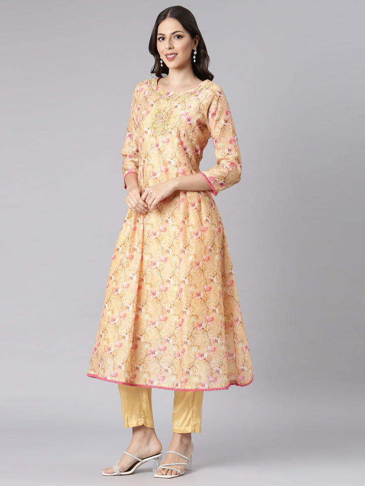 Neerus Yellow silk printed anarkali suit set - detail view 2