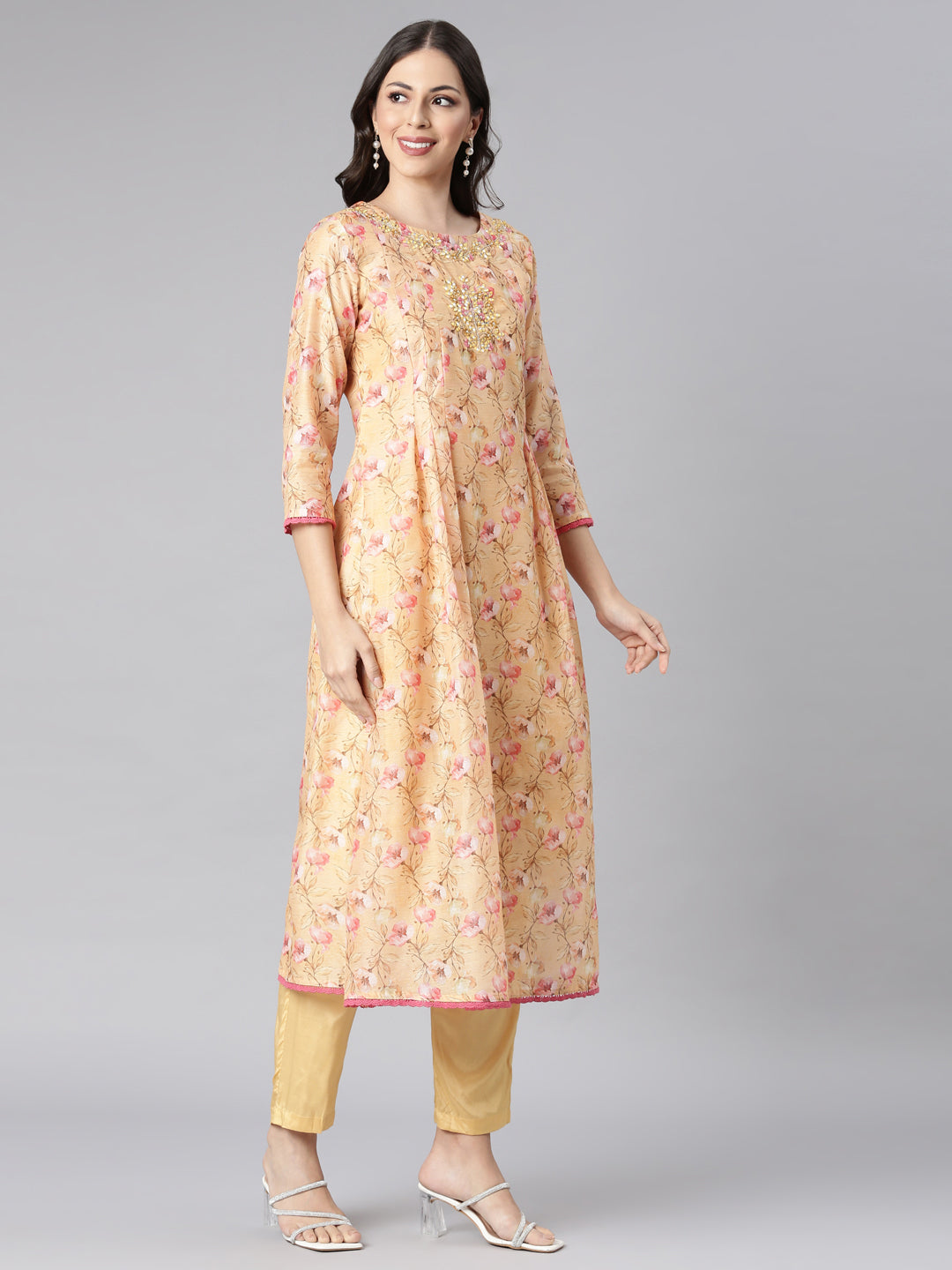 Neerus Yellow silk printed anarkali suit set - back view