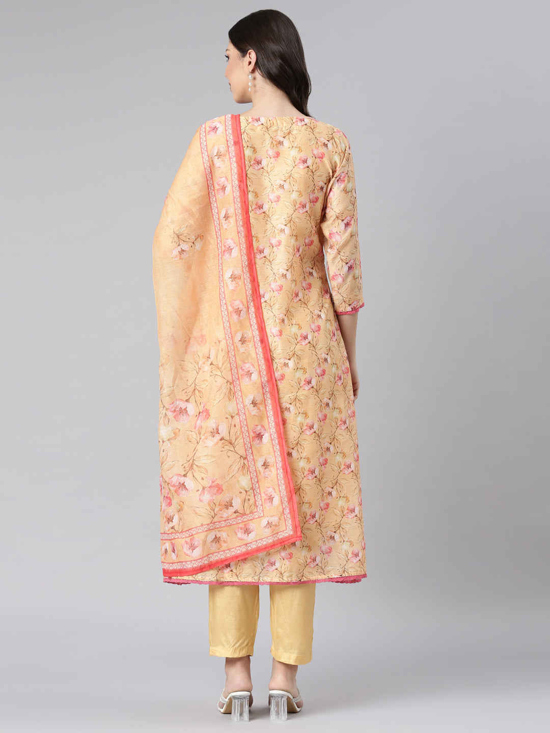 Neerus Yellow silk printed anarkali suit set - side view