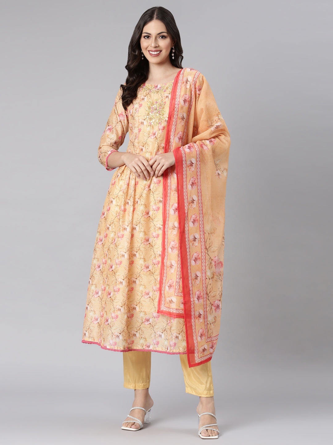 Neerus Yellow silk printed anarkali suit set - detail view 3