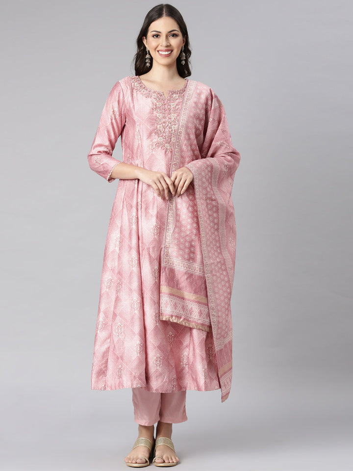 Neerus Pink Printed Anarkali Kurta and Trousers With Dupatta