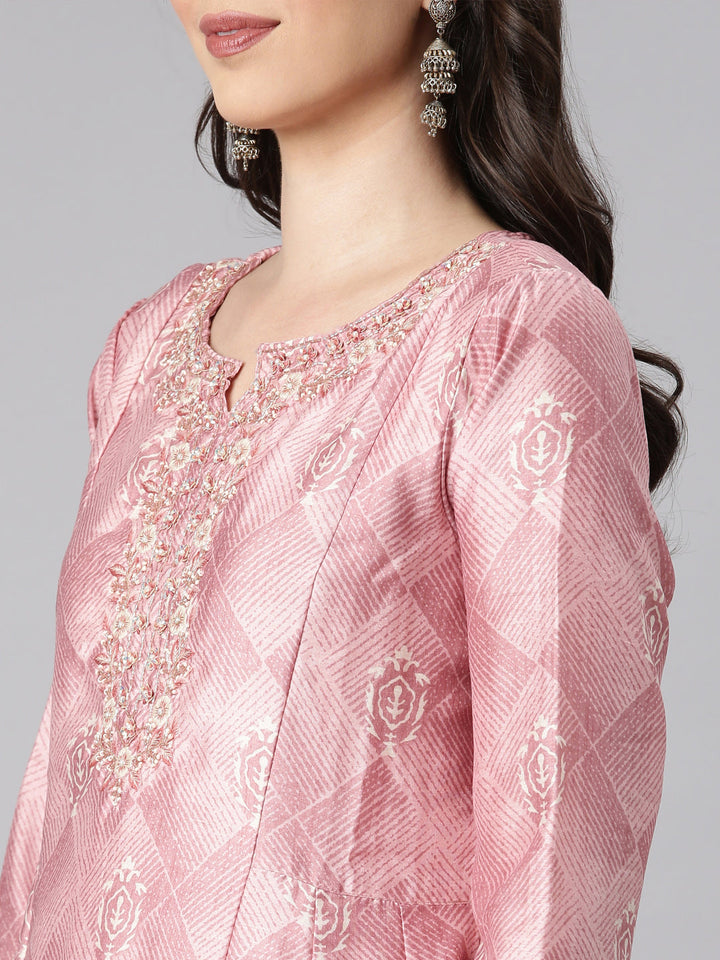 Neerus Pink Printed Anarkali Kurta and Trousers With Dupatta