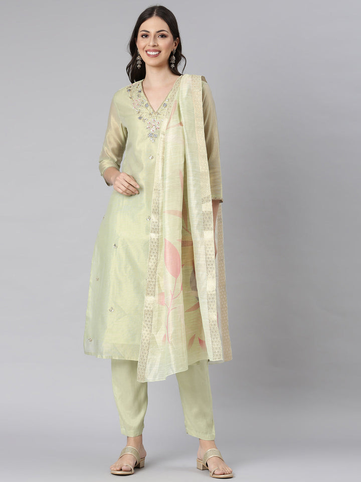 Neerus Lime Green Solid Straight Kurta and Trousers With Dupatta