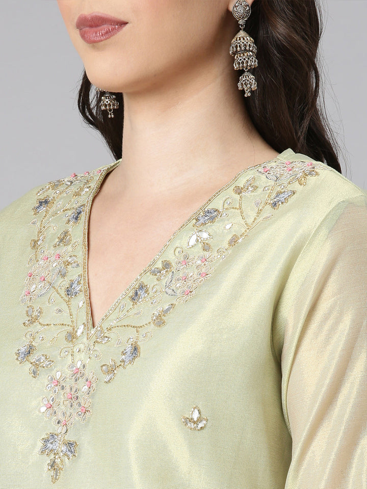 Neerus Lime Green Solid Straight Kurta and Trousers With Dupatta