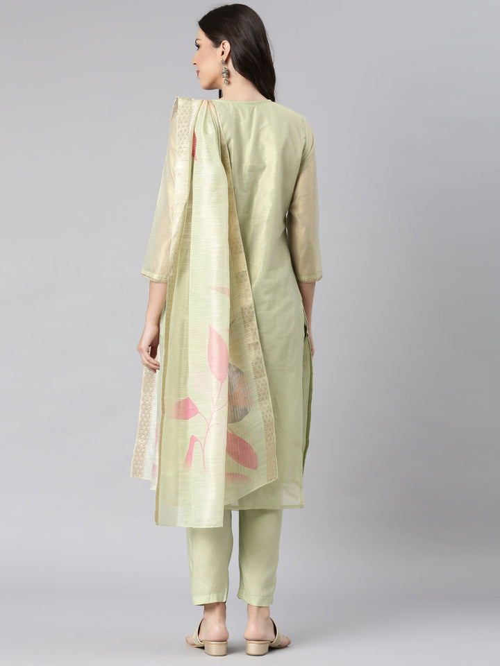 Neerus Lime Green Solid Straight Kurta and Trousers With Dupatta