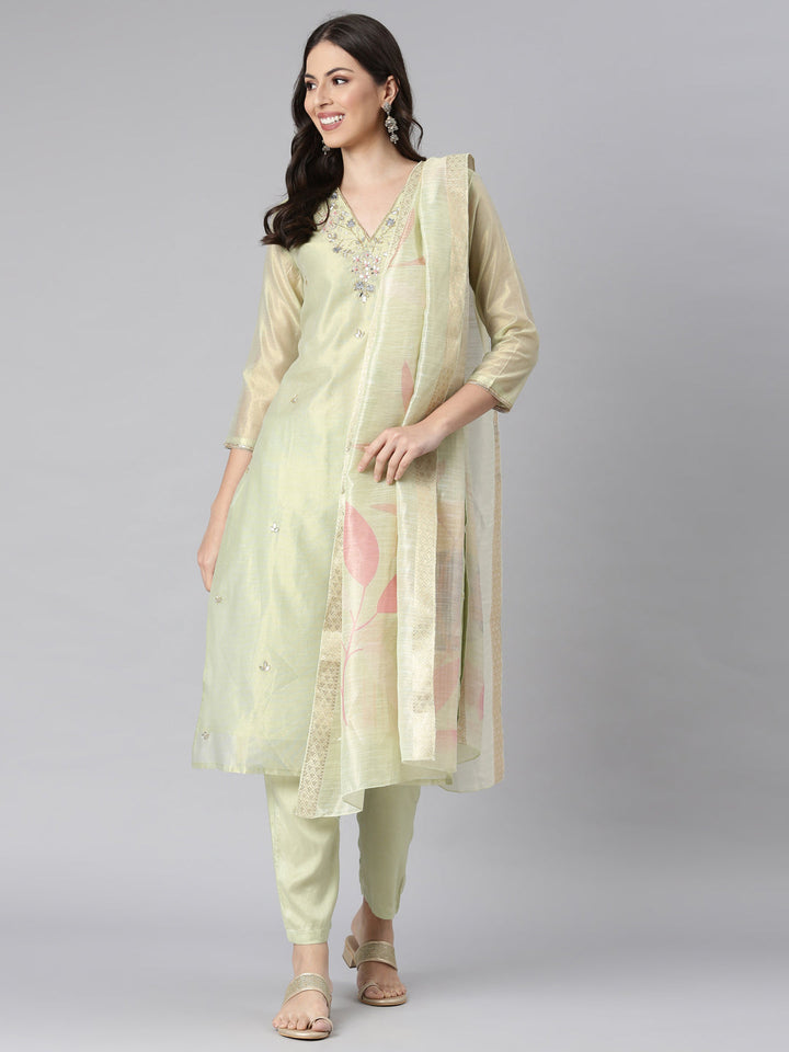 Neerus Lime Green Solid Straight Kurta and Trousers With Dupatta