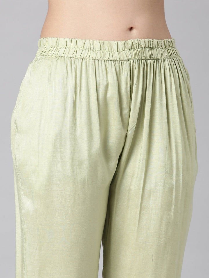 Neerus Lime Green Solid Straight Kurta and Trousers With Dupatta