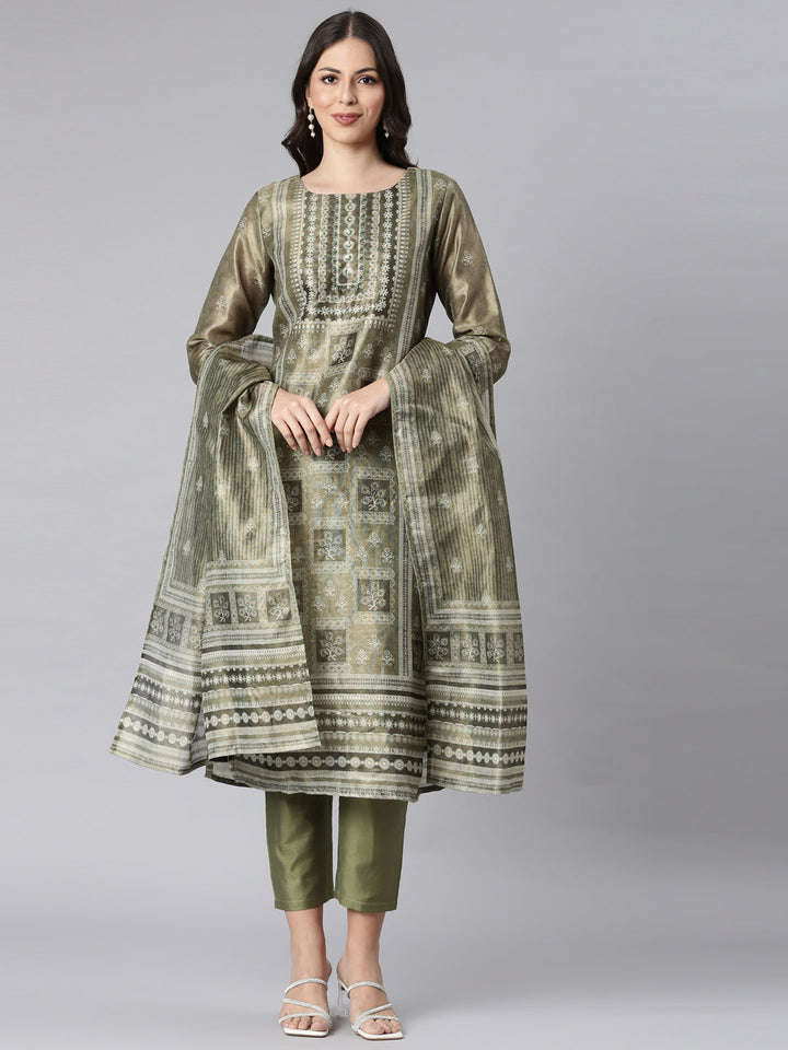 Neerus Olive Printed Straight Kurta and Trousers With Dupatta