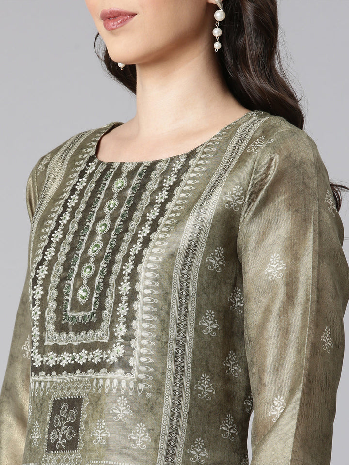Neerus Olive Printed Straight Kurta and Trousers With Dupatta