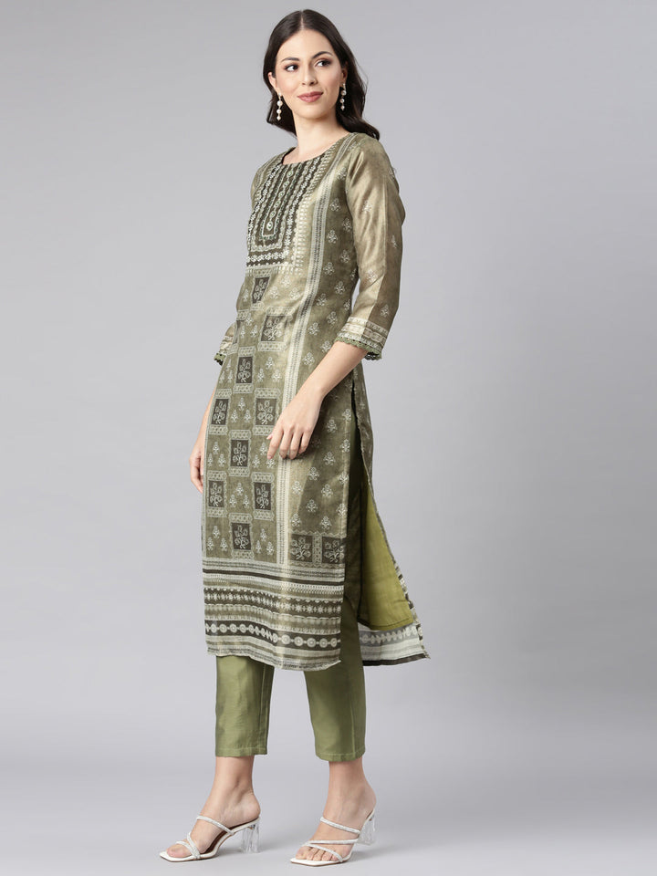 Neerus Olive Printed Straight Kurta and Trousers With Dupatta
