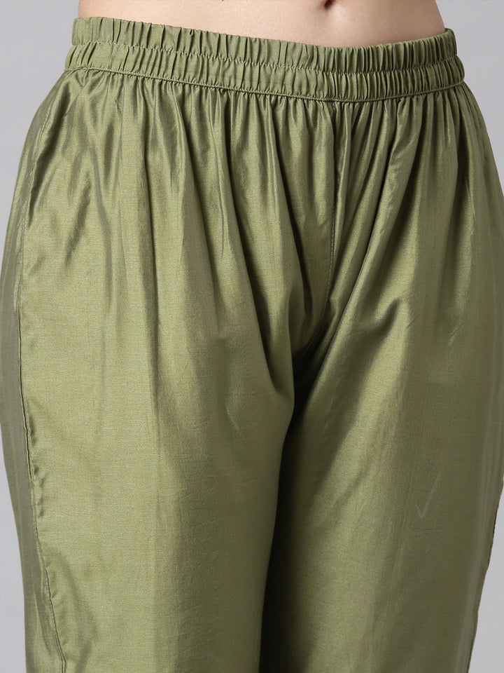 Neerus Olive Printed Straight Kurta and Trousers With Dupatta