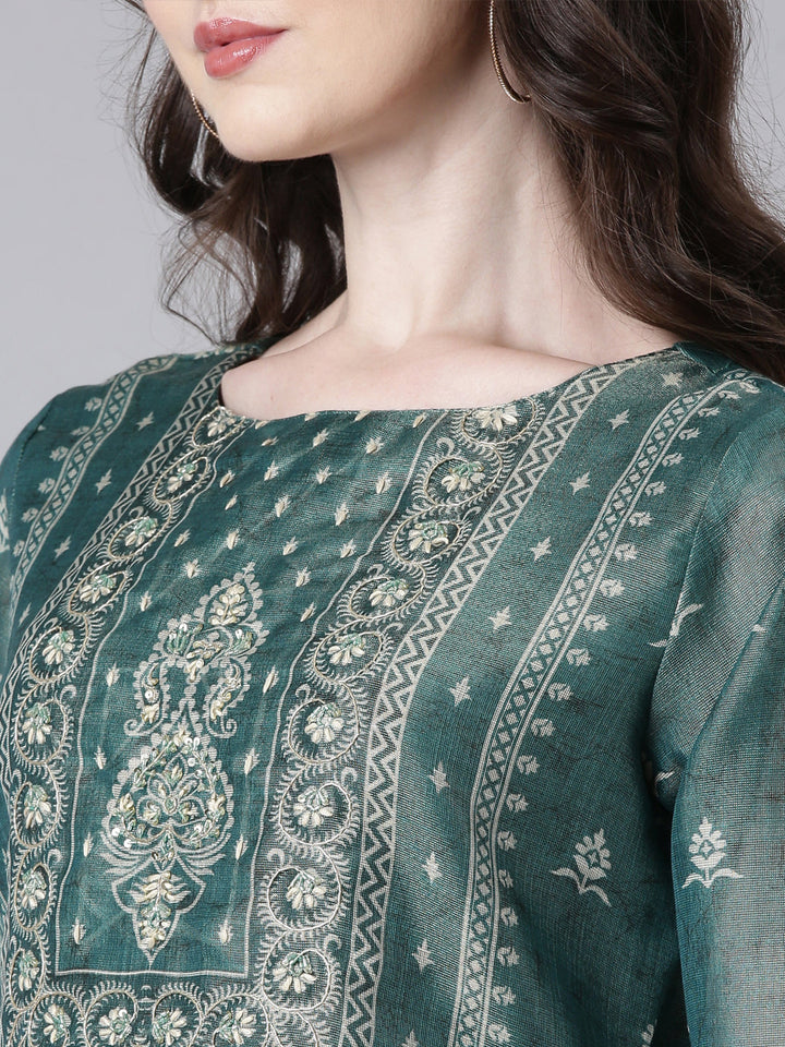 Neerus Green Printed Straight Kurta and Trousers With Dupatta