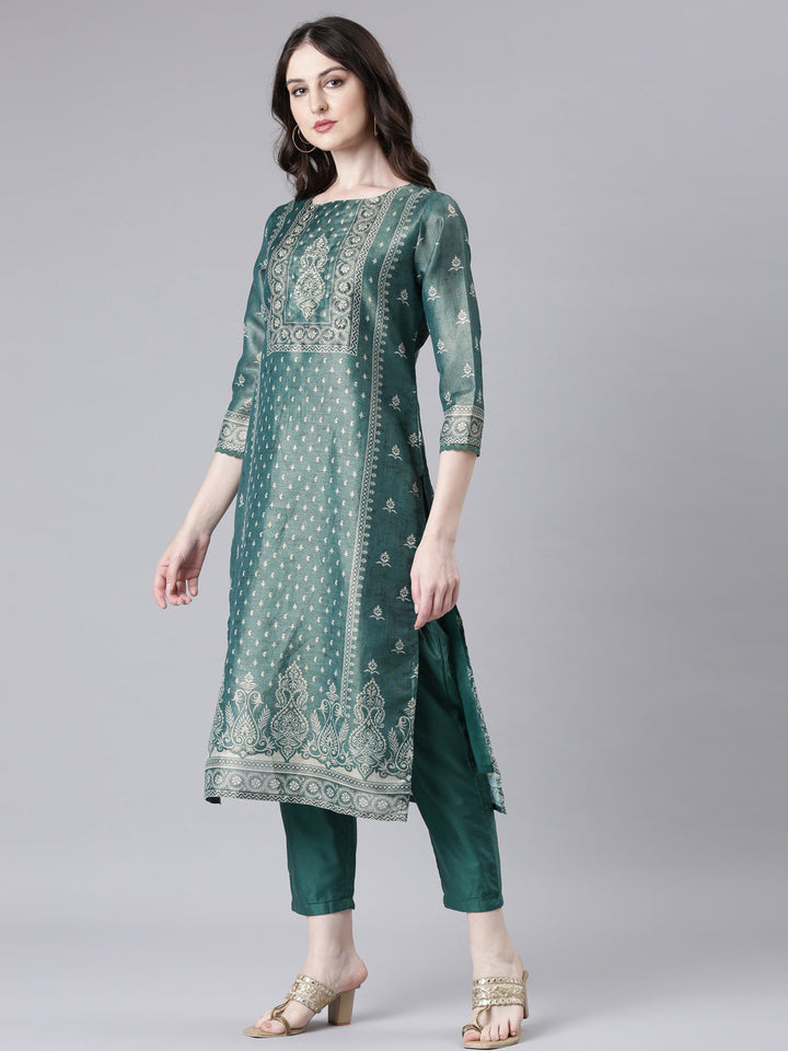 Neerus Green Printed Straight Kurta and Trousers With Dupatta