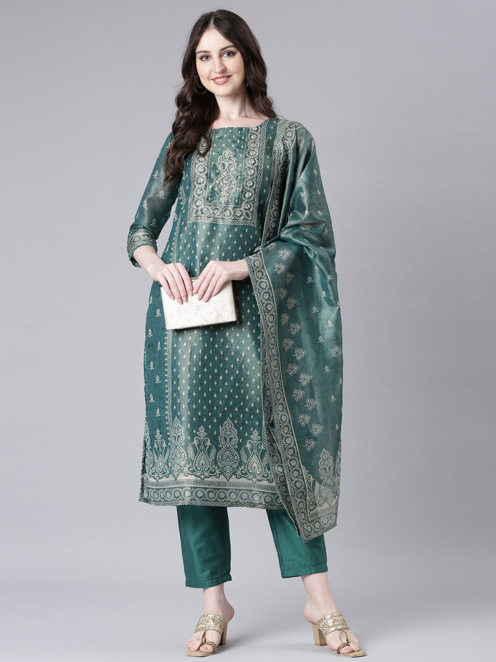 Neerus Green Printed Straight Kurta and Trousers With Dupatta