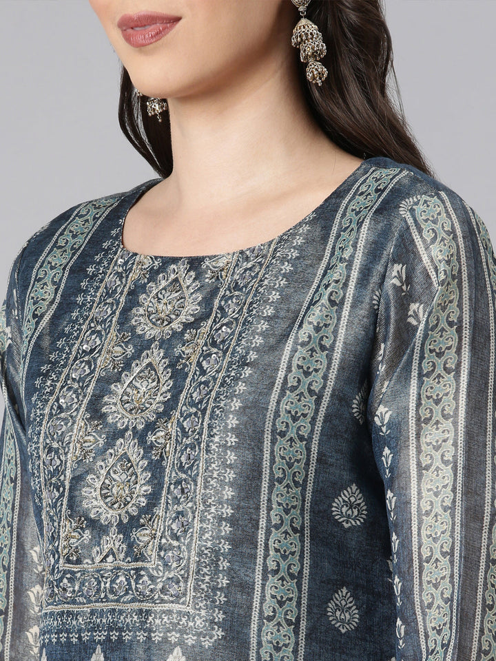 Neerus Blue Printed Straight Kurta and Trousers With Dupatta