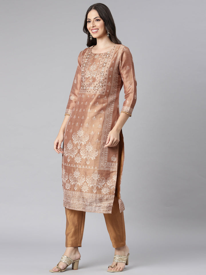 Neerus Brown Printed Straight Kurta and Trousers With Dupatta