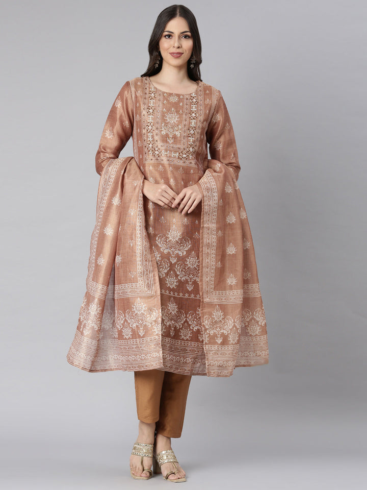Neerus Brown Printed Straight Kurta and Trousers With Dupatta