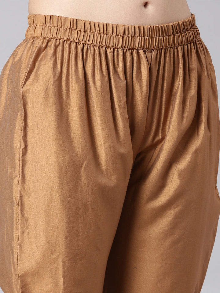 Neerus Brown Printed Straight Kurta and Trousers With Dupatta