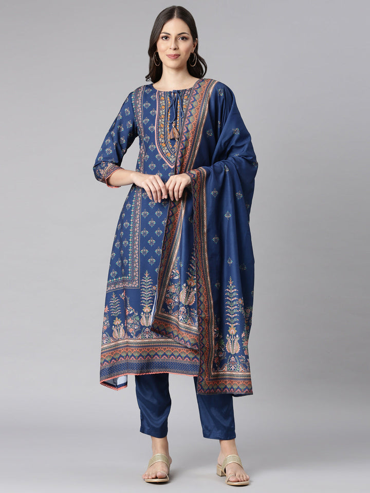 Neerus Blue Printed Kurta and Trousers With Dupatta