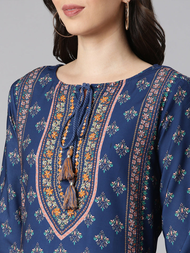 Neerus Blue Printed Kurta and Trousers With Dupatta